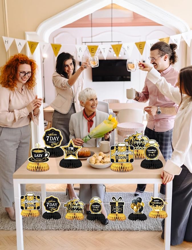 Retirement Party Table Decorations – 9PCS Black and Gold Retirement Centerpieces for Table, Happy Retirement Party Decorations for Office, Men and Women Farewell Decor