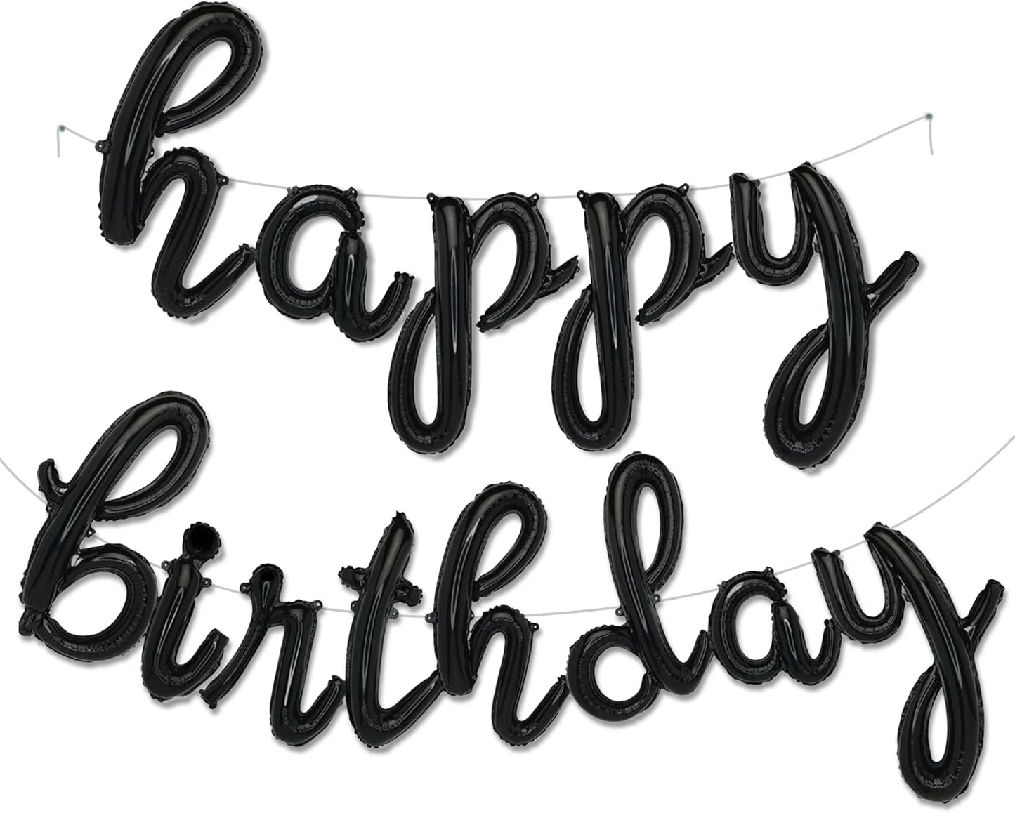 Black Happy Birthday Balloons Banner | Script/Cursive Silver Letter Balloon Sign for Birthday Party Decor/Decoration | Foil Mylar Happy Birthday Banner