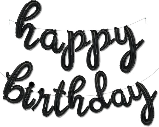 Black Happy Birthday Balloons Banner | Script/Cursive Silver Letter Balloon Sign for Birthday Party Decor/Decoration | Foil Mylar Happy Birthday Banner