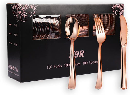 N9R 300PCS Rose Gold Plastic Silverware, Heavy Duty Plastic Cutlery Set, Disposable Rose Gold Utensils Include 100 Forks, 100 Spoons, 100 Knives, Perfect for Party Decorations