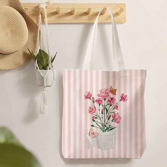 Pink Preppy Floral Aesthetic Tote Bag for Women,Printed Canvas Tote Bag for Girls,Pink Striped Watercolour Aesthetic Reusable Shopping Grocery Bags Party Favors