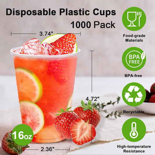 Lamosi 1000 Count 16 oz Plastic Cups, Disposable Clear Plastic Drinking Cups Bulk for Party, Events