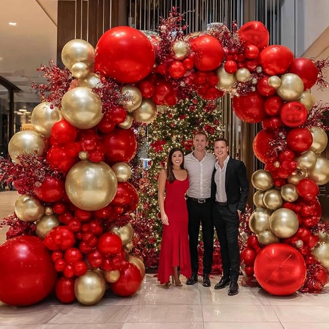 Red and Gold Balloon Garland Double Stuffed Ruby Red Gold Balloons Arch Kit With Mylar Balloon for Valentine New Year Baby Shower Anniversary Birthday Party Decoration