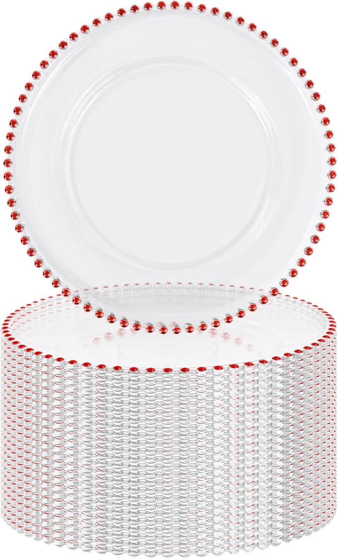24 PCS Clear Round Charger Plates with Beaded Rim, 13 Inch Plastic Acrylic Plate, Plastic Round Beaded Dinner Decorative Service Plates for Wedding Party Event, Home Kitchen Tabletop(Red)