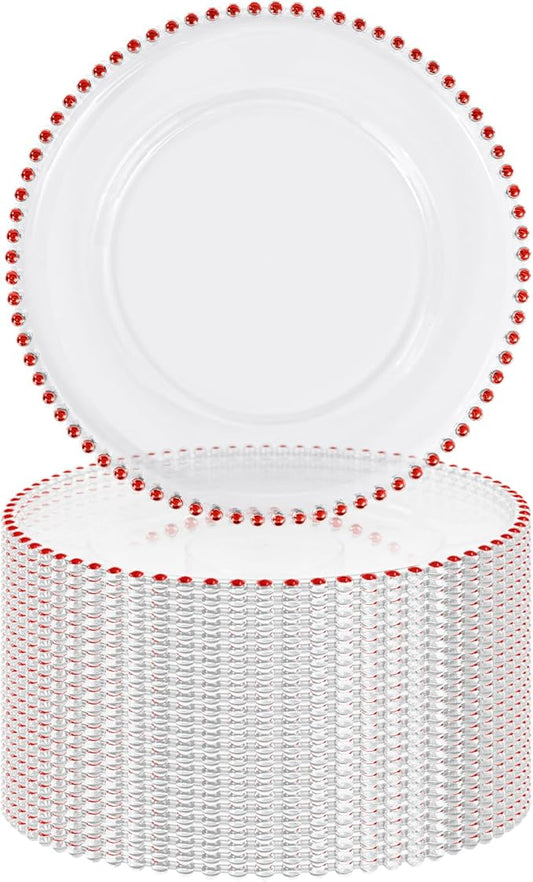 24 PCS Clear Round Charger Plates with Beaded Rim, 13 Inch Plastic Acrylic Plate, Plastic Round Beaded Dinner Decorative Service Plates for Wedding Party Event, Home Kitchen Tabletop(Red)
