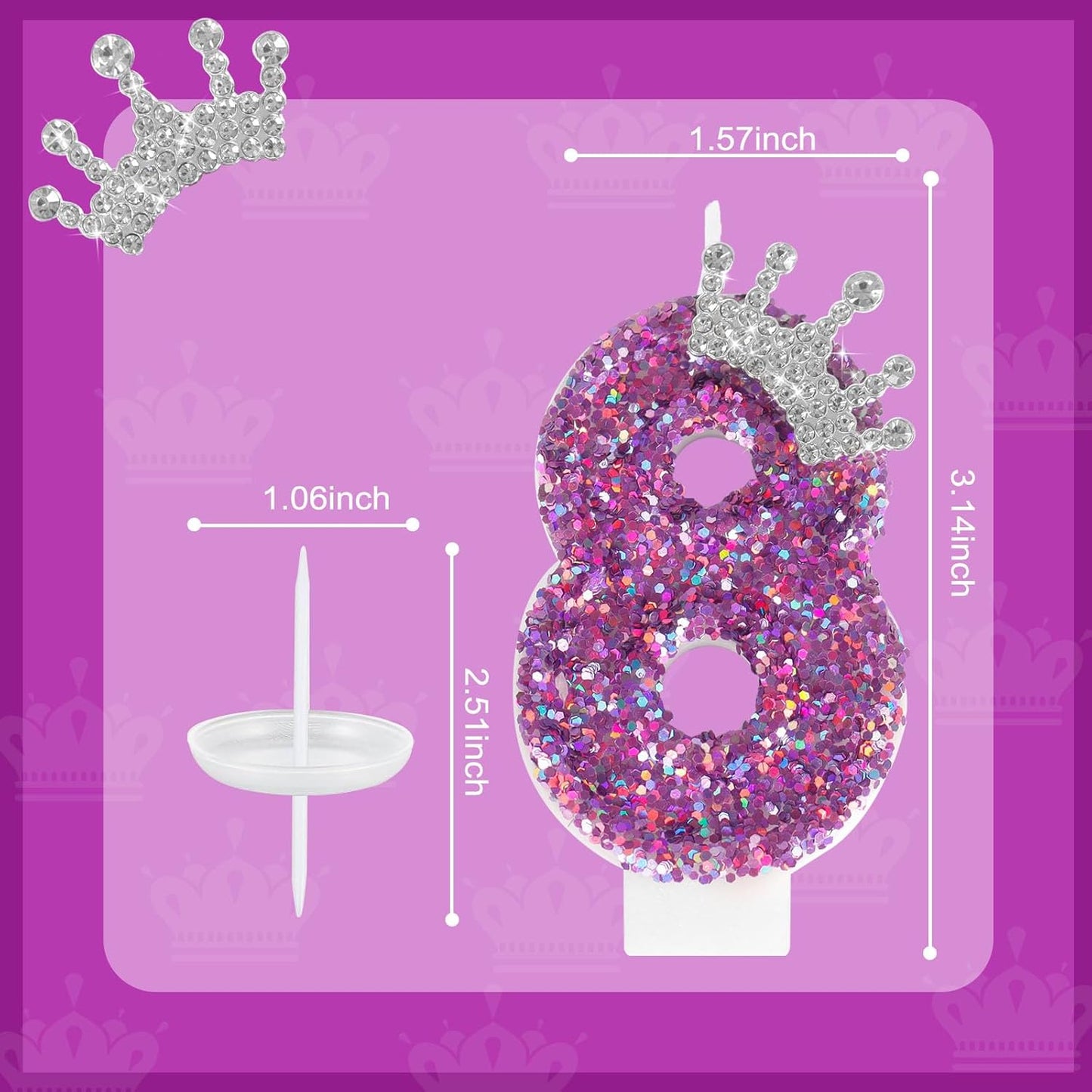 Ceya Number 8 Birthday Candles,Purple Crown Candle for Cake, Sparkling Number Glitter Candle 3.14inch Cake Topper,8st Birthday Decorations for Girl Women Reunions Anniversary Party Supplies