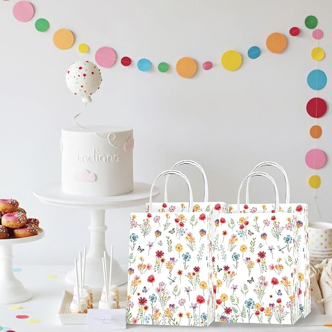 Lecheme Floral Gift Bags 24 PCS Wildflower Welcome Bags With Handles for Wedding Bridal Shower Engagement Love in Bloom Party Favors