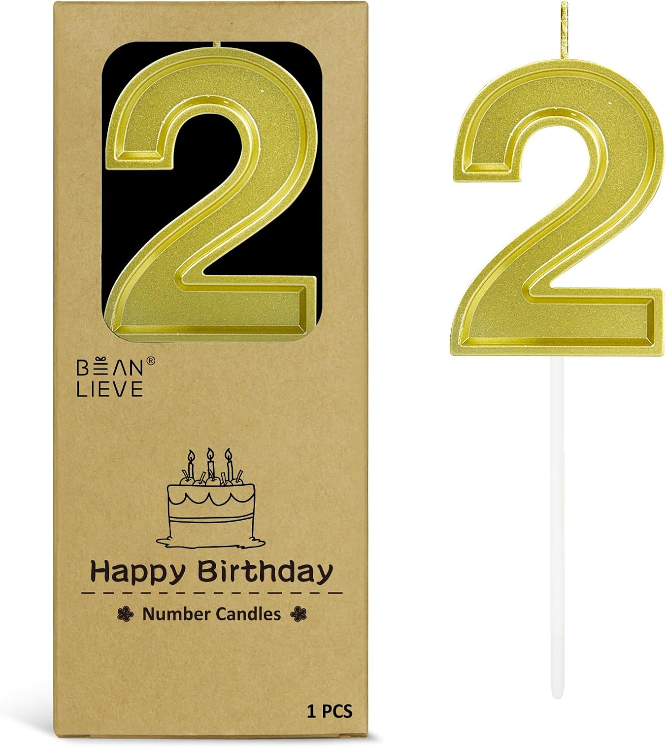 BEAN LIEVE Gold Birthday Candles Number 2, Gold Number Candles, Cake Number Candles for Birthday Parties and Wedding Anniversary Celebrations