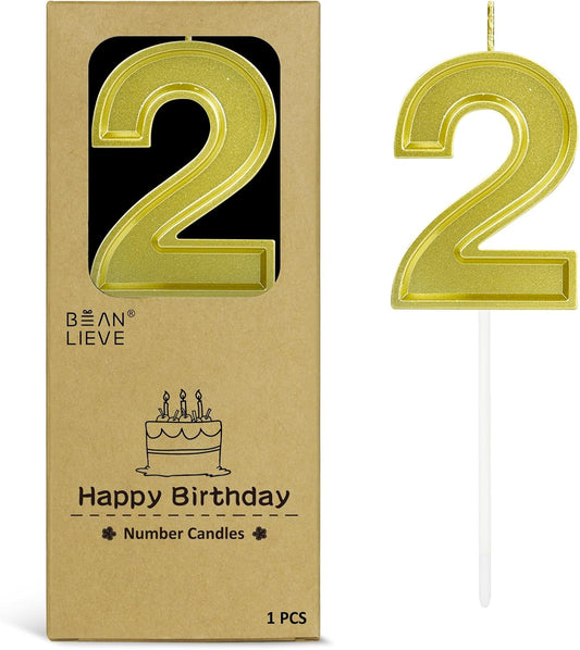 BEAN LIEVE Gold Birthday Candles Number 2, Gold Number Candles, Cake Number Candles for Birthday Parties and Wedding Anniversary Celebrations