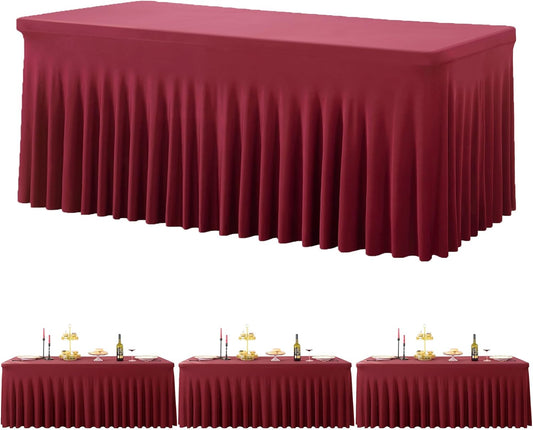 3 Pack Burgundy Spandex Tablecloth for 6 Foot Rectangle Tables, Wrinkle Free Fitted Table Cloth Cover 6ft Maroon Stretchy Tablecloths with Skirt for Parties Weddings Birthday Banquet Baby Shower