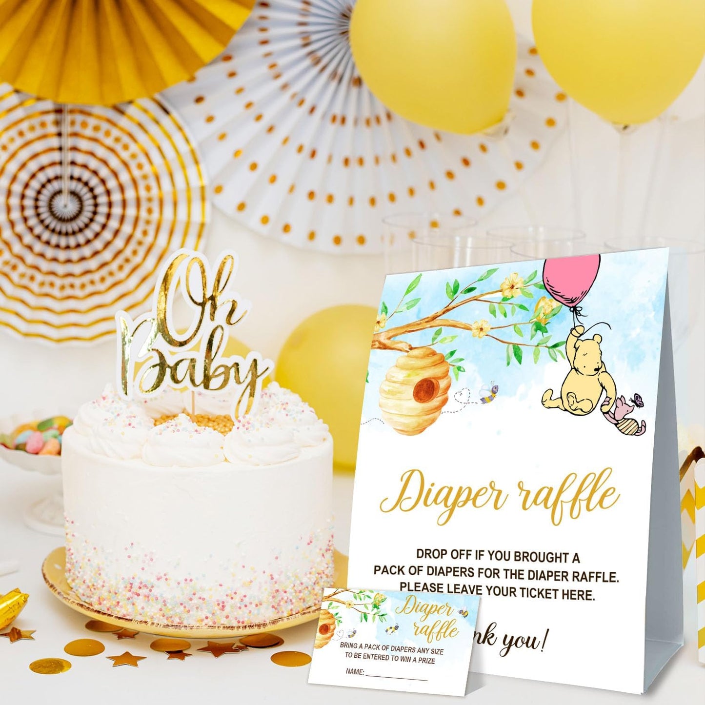 Winnie Baby Shower Decorations-Baby Shower Games-Baby Shwoer Party Decor-Diaper Raffle Baby Shower Table Sign Centerpieces-Baby Shower Games Pooh Birthday Supplies Party Decorations