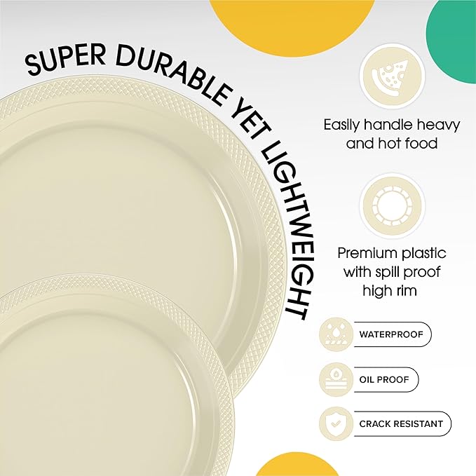 Party Solids Ivory Plastic Plates For Party Supplies, Ivory Disposable Plates 100 Pieces - 50-7" & 50-9" Heavy Duty 350 GSM Disposable Dinnerware Sets, Plastic Dinnerware Sets