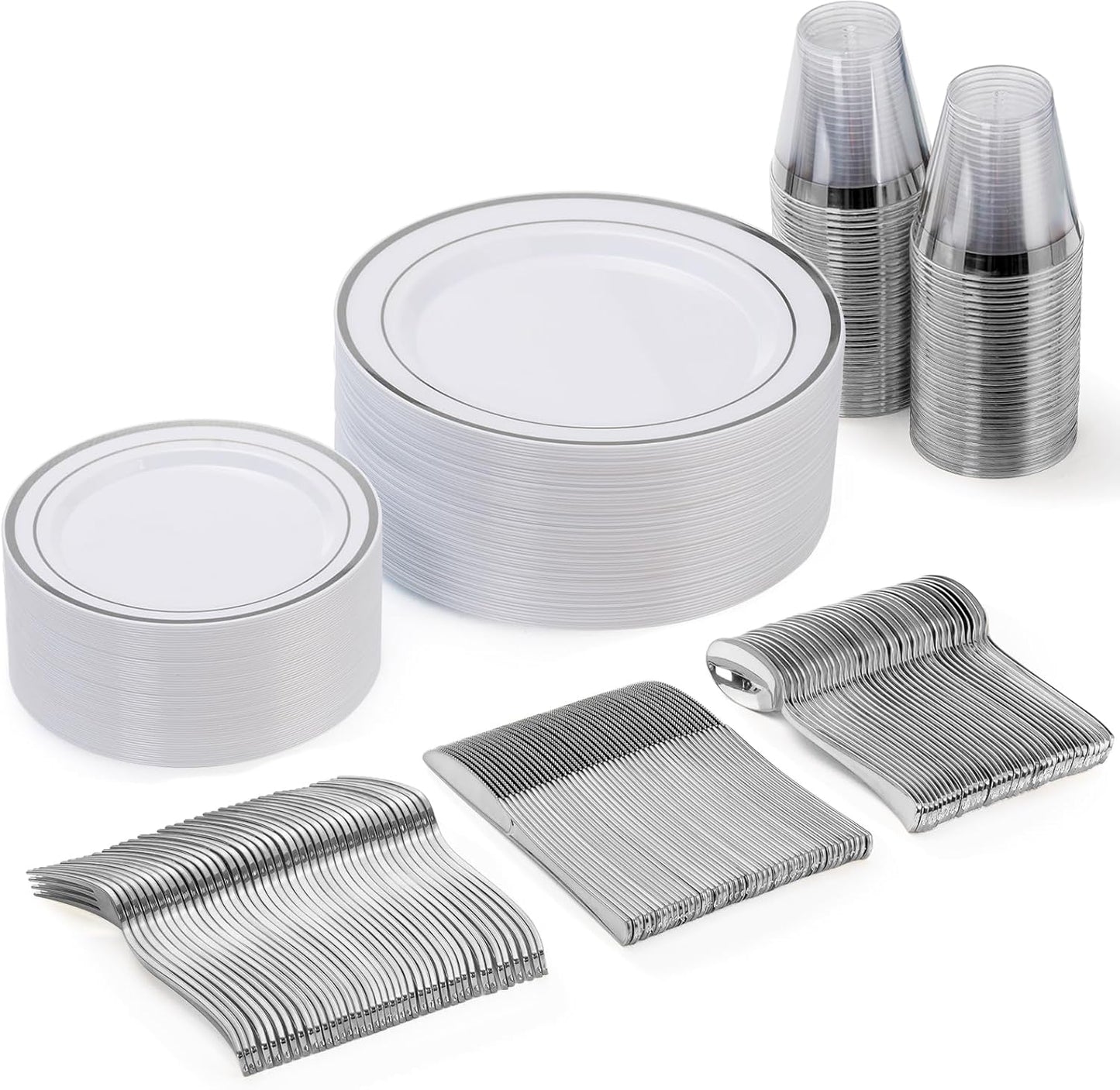 Goodluck 150 Pieces Silver Disposable Plates for 25 Guests, Plastic Party, Wedding, Dinnerware Set of Dinner Plates, Salad Spoons, Forks, Knives, Cups