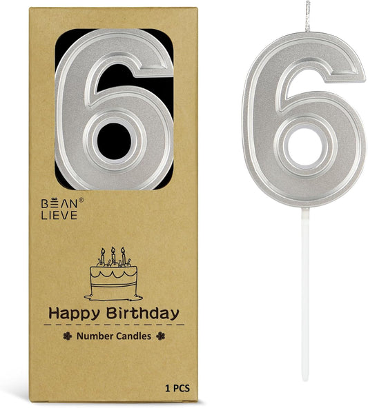 BEAN LIEVE Silver Birthday Candles Number 6, Silver Number Candles, Cake Number Candles for Birthday Parties and Wedding Anniversary Celebrations
