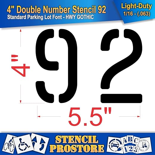 Pavement, Curb, and WheelStop Stencils - 4 inch Double Number Stencil - (92) - 4" x 5.5" x 1/16" (63 mil) - Light-Duty