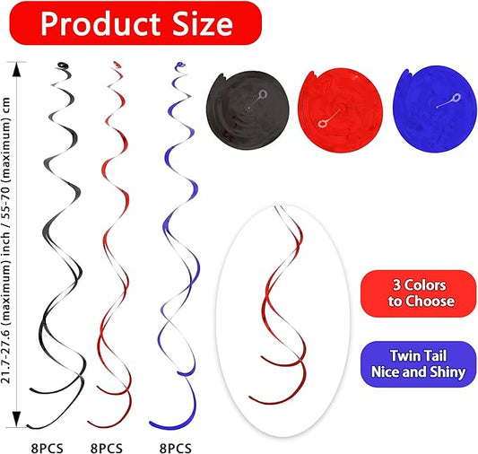 BEISHIDA Red Blue Black Hanging Swirls Party Decorations Plastic Streamer for Spider Theme Birthday Party, Graduation，Birthday Supplies，Pack of 24