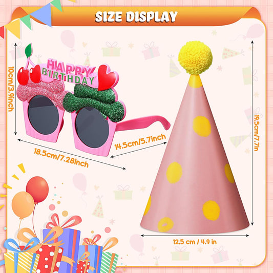 16 Pcs Birthday Party Hats Party Cone Hat with Pom Poms Birthday Glasses Photo Booth Props for Kids Adults (Delicate Style)
