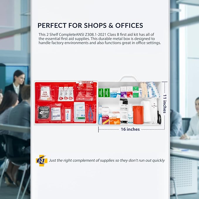 MFASCO 2 Shelf First Aid Cabinet - ANSI/OSHA Class B Type I & II - Medi First Brand Bandages - Carry or Wall Mount - Easy Restock & Refill - - White Enamel Finish - 226 Pcs - 16"x11"x4 7/8"