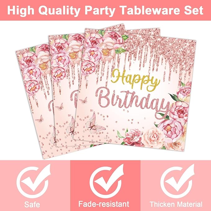 96Pcs Happy Birthday Party Supplies Floral Birthday Paper Plates Napkins Rose Gold Flower Birthday Party Decorations for Girls Women Floral Dinnerware Party Favor Spring Tea Tableware Serves 24