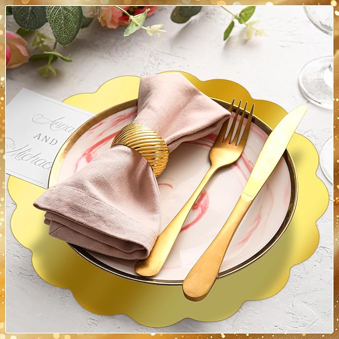 150 Pcs Scalloped Round Gold Paper Placemat for Dinner Plates,13.5" Round Disposable Place Mats Chargers Bulk Christmas Wedding Birthday Party Foil Paper Table Mats Decorative