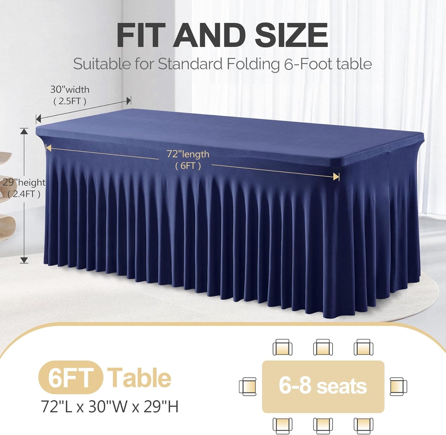PARTISKY Navy Blue Spandex Tablecloth for 6ft Rectangle Tables, Stretchable Table Cover Skirt for Folding Tables Weddings Parties Banquets Events Trade Shows and Dessert Table