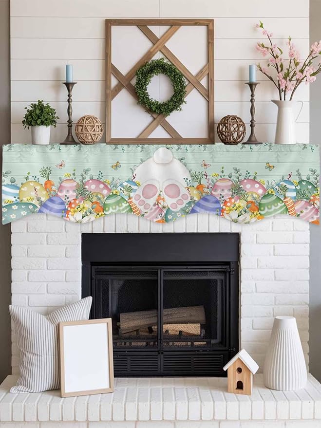 Cute Easter Bunny Fireplace Mantel Scarf Table Runner, Eucalyptus Leaves Colorful Eggs Teal Wooden Winter Garland Mantel Top Tablerunners Dresser Scarves Cover for Windows Party Living Room 90''x17''