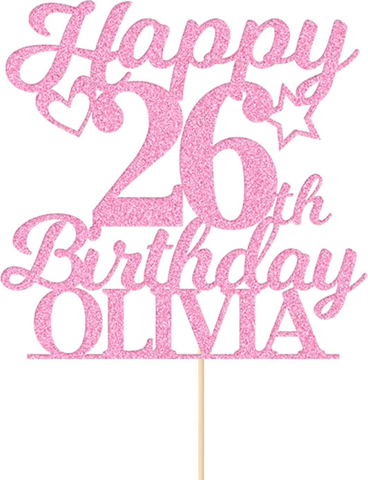 EDSG Happy Birthday Cake Topper Personalized Cake Topper Gifts Custom Glitter Cake Topper with Any Name & Age for 18th 21st 30th 40th 50th 60th 11 Colors Cake Decorations (Baby Pink)