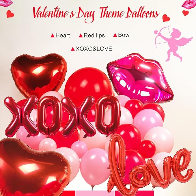 Red Pink balloon garland arch kit 125pcs with Bow and arrow XXOO lip heart shaped balloons for Girls Galentines Valentine's Day Wedding Bachelorette Engagement Anniversary Party decorations (Red Pink)