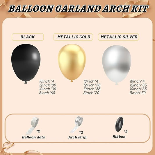 412Pcs Black Gold Silver Balloons Garland Arch Kit,18 12 10 5 Inch Different Size Latex Balloons for Graduation Birthday Wedding Party Decorations