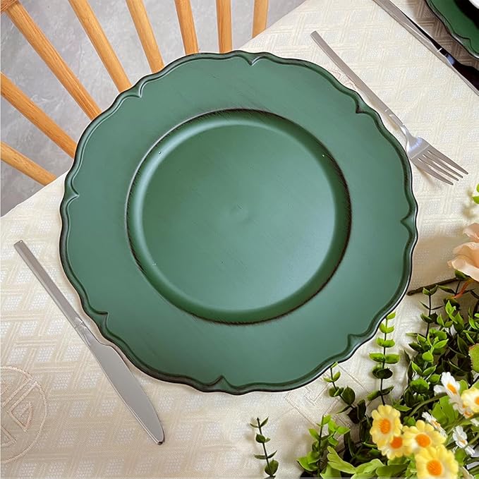 Antique Green Charger Plates, 13" Round Chargers for Dinner Plates, Set of 6 Plastic Plate Chargers for Weddings, Parties, Table Setting.