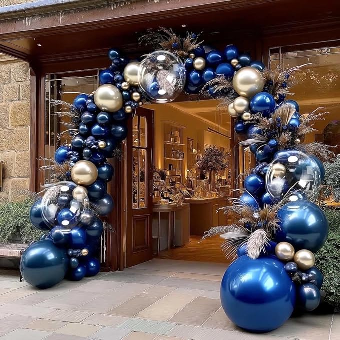 Royal Blue Gold Balloon Arch Double Stuffed Latex Bobo Pearl Gold Balloon Garland Navy Ruby Blue Balloons for Birthday Baby Shower New Year Wedding Prom Business Opening Party Decor