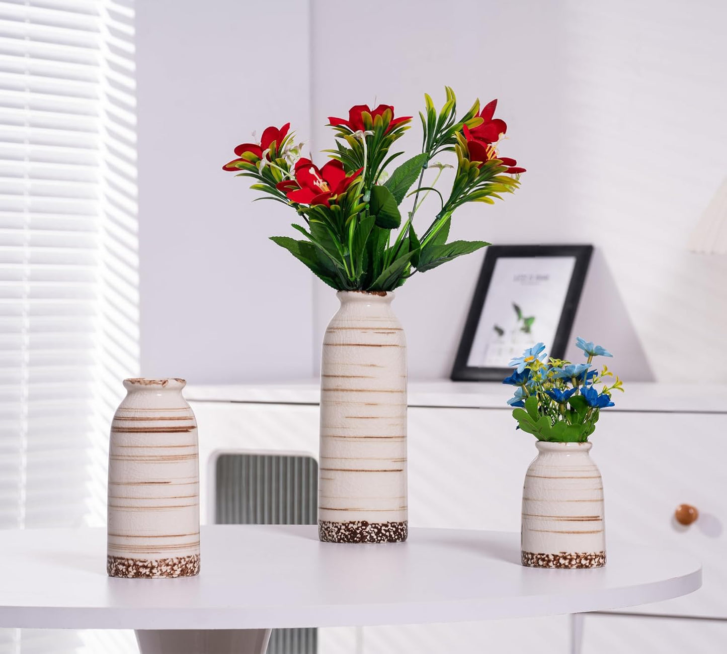 Ceramic Small Flower Vase Set of 3, Glossy Glazed Surface 8.7" Tall Table Modern Farmhouse Decorative Vase for Christmas Home Decor Bookshelf Living Room Bedroom Beige