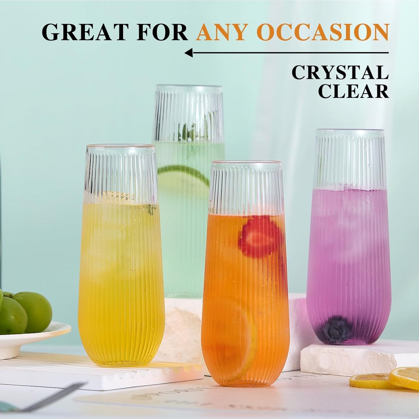 48 Pack Plastic Ribbed Champagne Flutes, 9 Oz Stemless Disposable Clear Plastic Toasting Glasses Shatterproof Recyclable and BPA-Free Perfect For Wedding