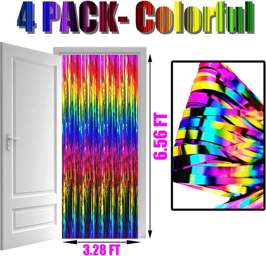 4 Pack Rainbow Foil Fringe Curtain Backdrop, 3.28Ft x 6.56Ft Colorful Metallic Tinsel Foil Streamers Curtains for Photo Booth, Wedding, Thanksgiving, Birthday, Christmas, Halloween Party Decoration