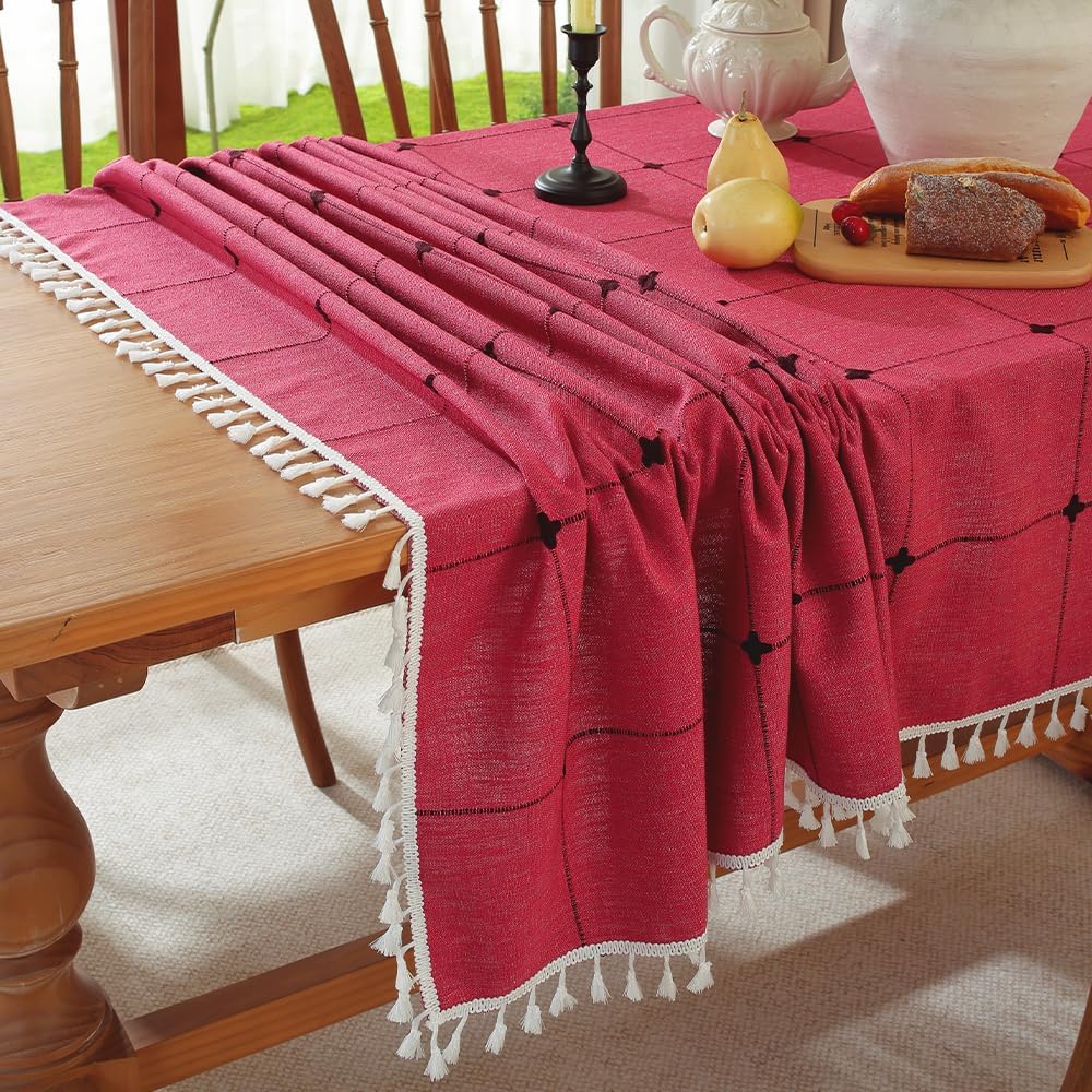 Pahajim Rustic Linen Tablecloth Cotton Rectangle Table Cloth for Kitchen Dining with Tassel Plaid Waterproof Tablecloths Rectangle/Oblong,55''x94'', 6-8 Seats
