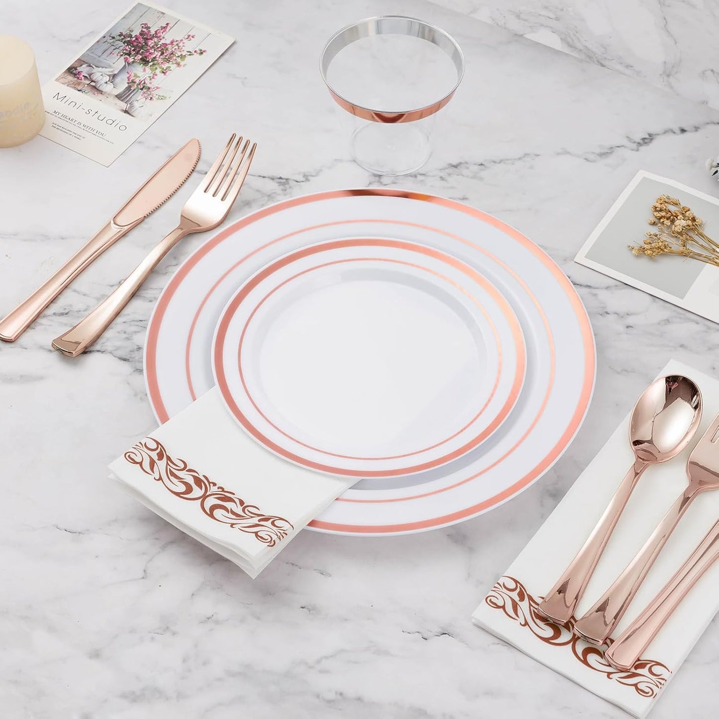 BESTVIP 175PCS Rose Gold Disposable Dinnerware Set for 25 Guests, Plastic Plates for Party, Wedding, Christmas, Halloween, Include: 50 Plastic Plates, 25 Rose Gold Silverware, 25 Cups, 25 Napkins