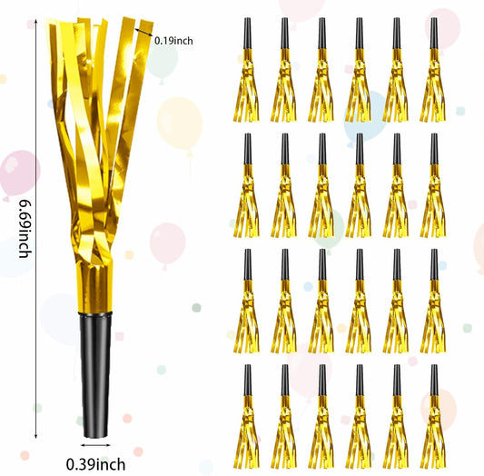 Gold New Years Noise Makers 24 PCS Glitter NYE Party Blowers Blowouts New Years Eve Games Favors Supplies Birthday Pep Rally for Adult Prank Graduation Sporting Events Horns Noisemakers Accessories
