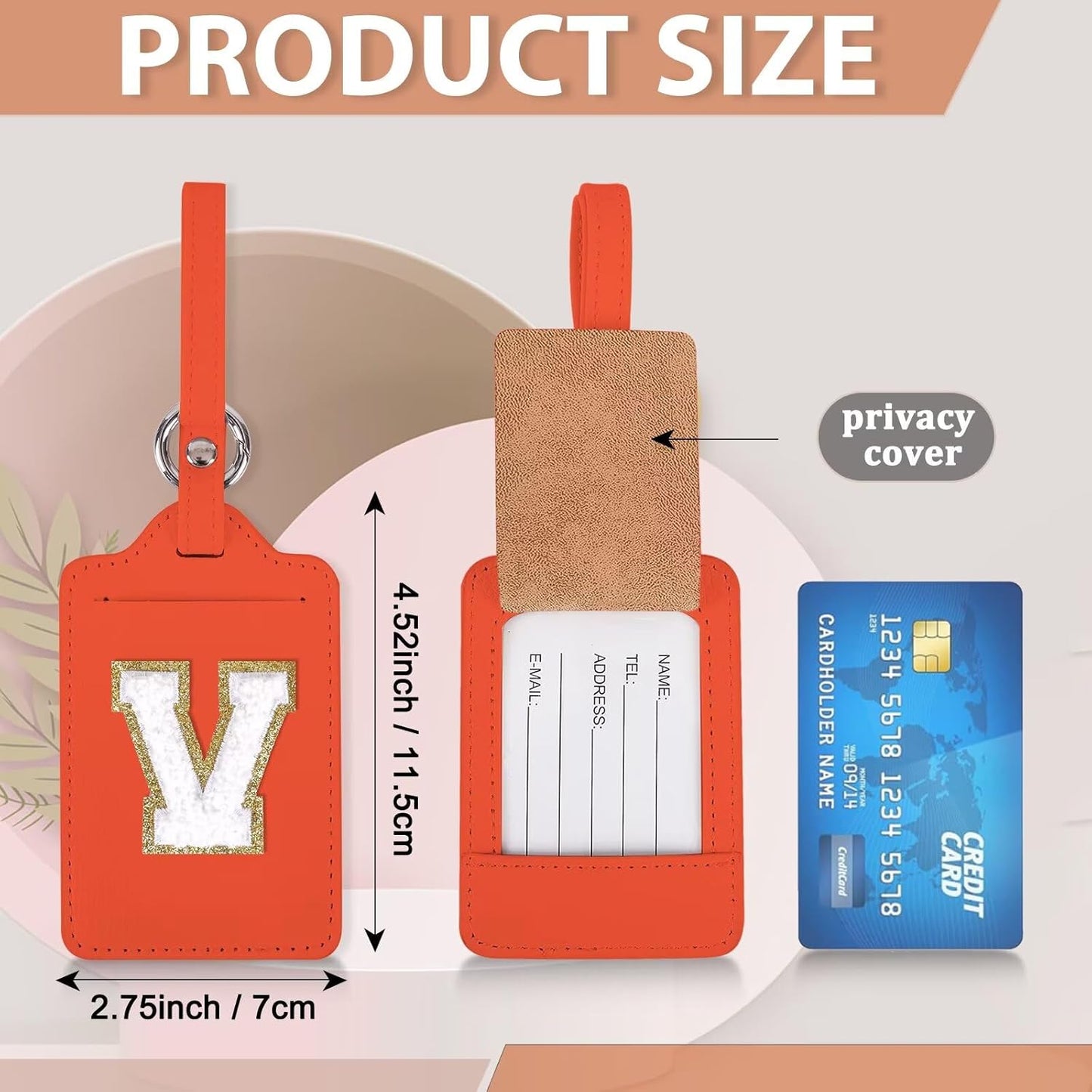 Personalized Initial Luggage Tags for Suitcases, Leather Chenille Letter Cute Luggage Tags with Privacy Name Card, Embroidered Travel Bag Backpack Tags Gifts for Women Kids Girls Teens(Orange-V)