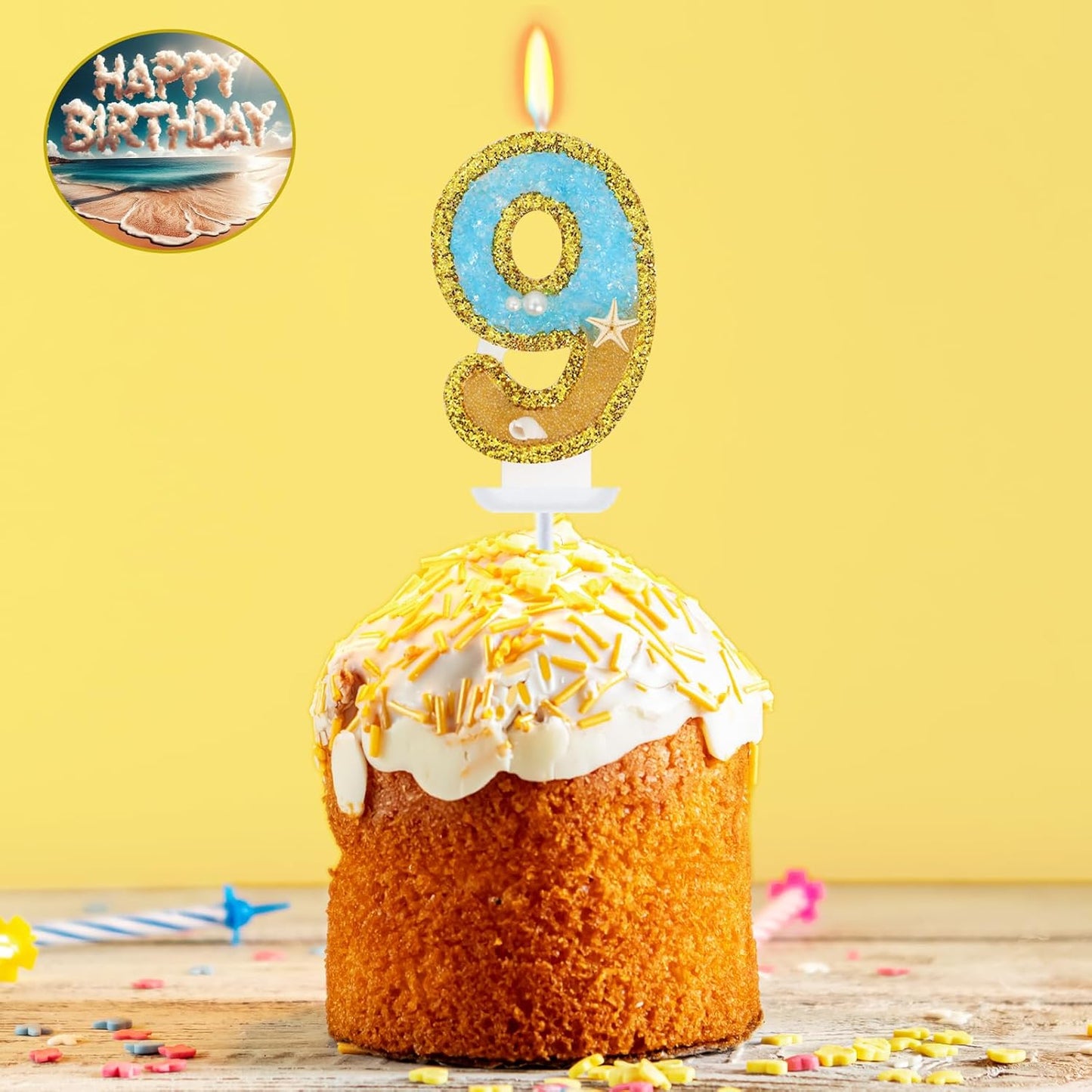 Ocean Number 9 Candle, Glitter Gold Beach Starfish Cake Topper, Tropical Ocean Princess Birthday Decorations for Party Supplies Wedding Anniversaries