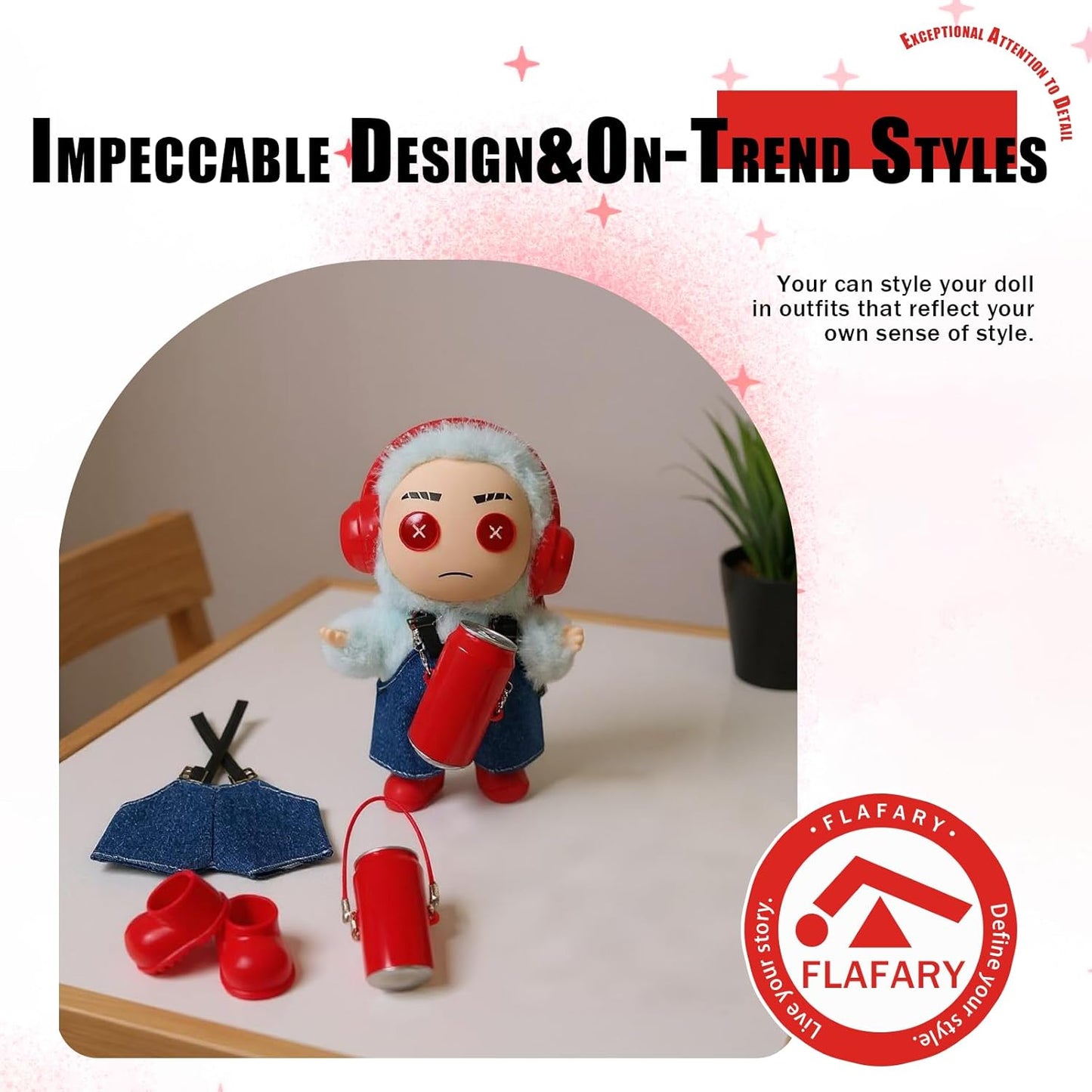 Doll Clothes for 17cm Dolls (No Doll Included) - Stylish and Adorable Outfits for Boys and Girls, Toy Fashion Accessories, Include Headphones, Small Bottle Pendant, Canvas Shoes(Red)