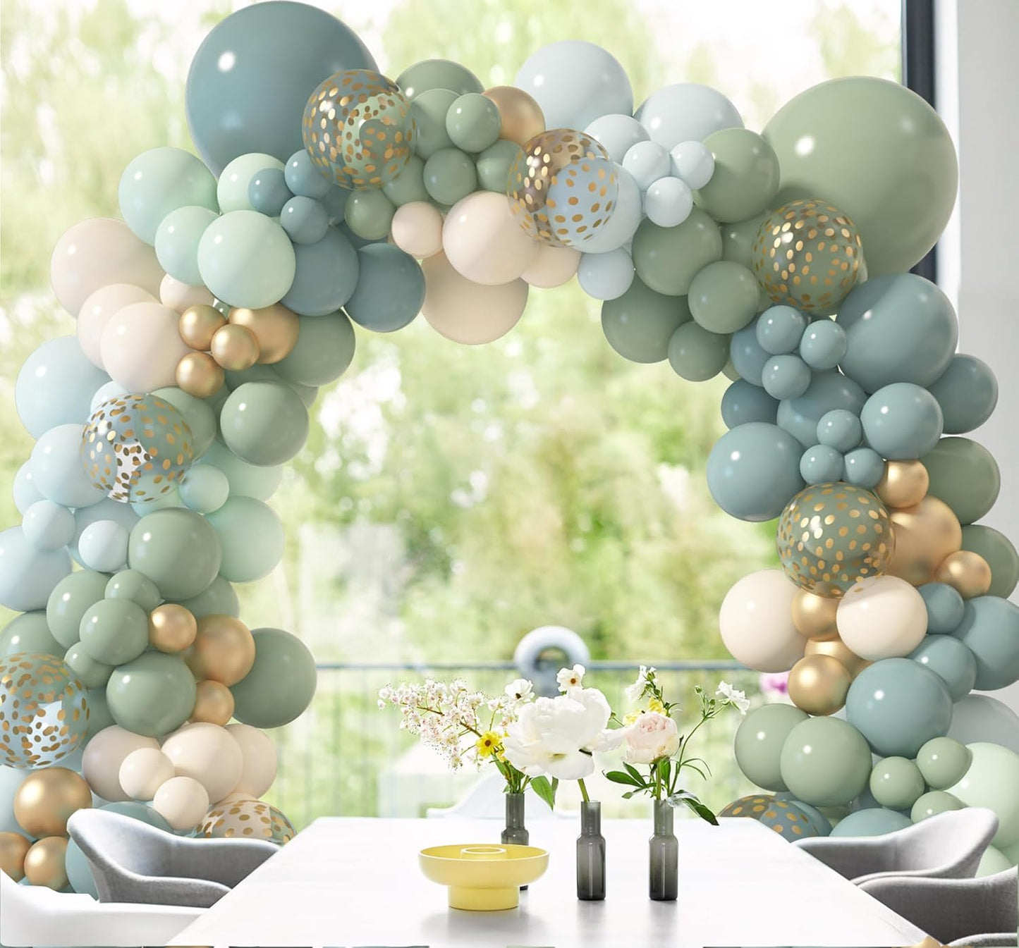 Amandir 173Pcs Dusty Blue Green Balloon Garland Arch Kit, Haze Fog Blue Ash Mist Sage Green Sand White Gold Confetti Balloons for Baby Shower Wedding Bridal Boho Birthday Party Backdrop Decorations