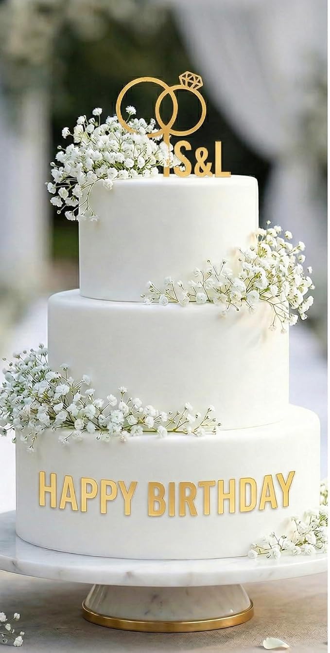 27PCS Wedding Cake Topper, Diamond Ring Cakes Topper, Acrylic Cake Letters A-Z, Personalized Bride and Groom Initial Sign Anniversary Baby Shower Party Birthday Supplies (Gold)