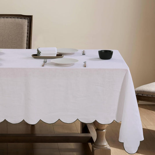 100% French Flax Linen Tablecloths Scalloped Embroidery Rectangle 120Lx60W Inch for Dinners, Parties, Spring, Machine Washable, 10-12 Sets, White(Edges-Green)