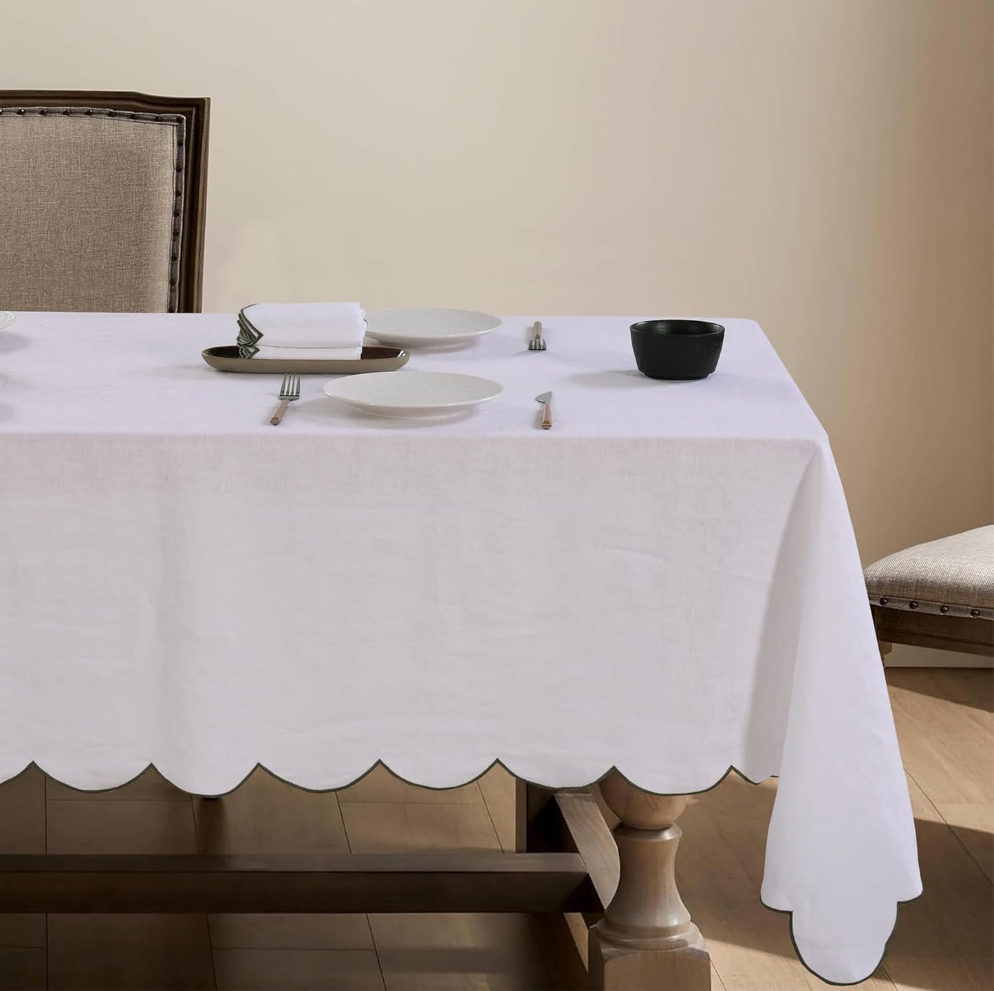 100% Pure Linen Scalloped Embroidery Rectangle Tablecloths 84Lx60W Inch for Dinners, Parties, Spring, Machine Washable, 6-8 Sets, White(Edges-Green)