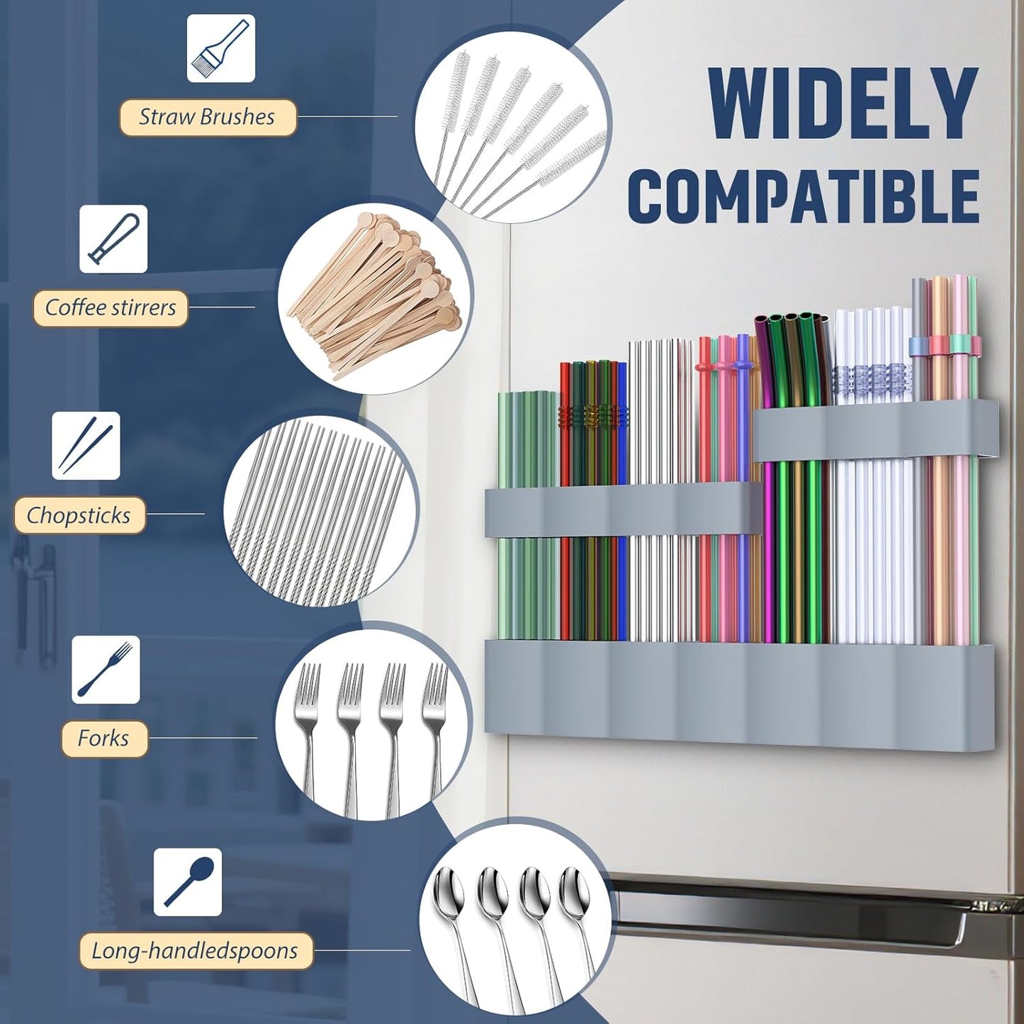 Straw Holder Large for Refrigerator 11”2025 Adjustable Two-Part Magnetic 3in1 Split Design Reusable Tumbler Straw Organizer Storage (Dark grey)