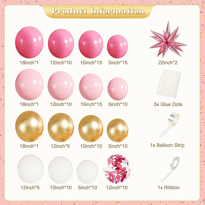 Pink White Gold Balloon Garland Arch Kit, 140Pcs Hot Pastel Pink Gold White Confetti Balloons With Stars for Birthday Wedding Birdal Shower Gender Reveal Graduation Party Decorations