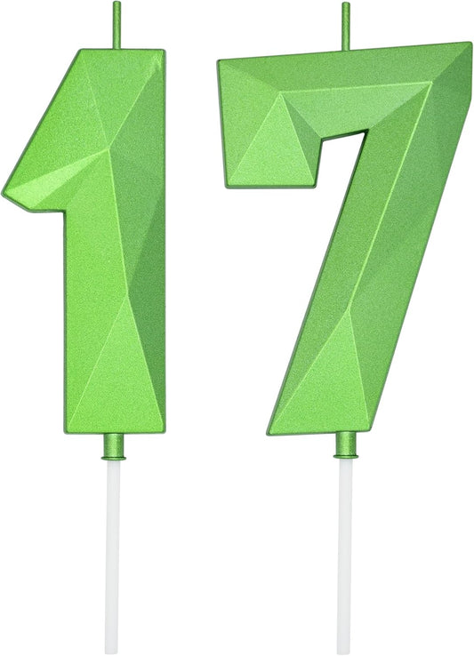 DERVENTA Large Birthday Candle Number 3D Green 3.7 inch Party Celebration Anniversary Decoration Cake Topper 1 Piece (Number 17 Green)