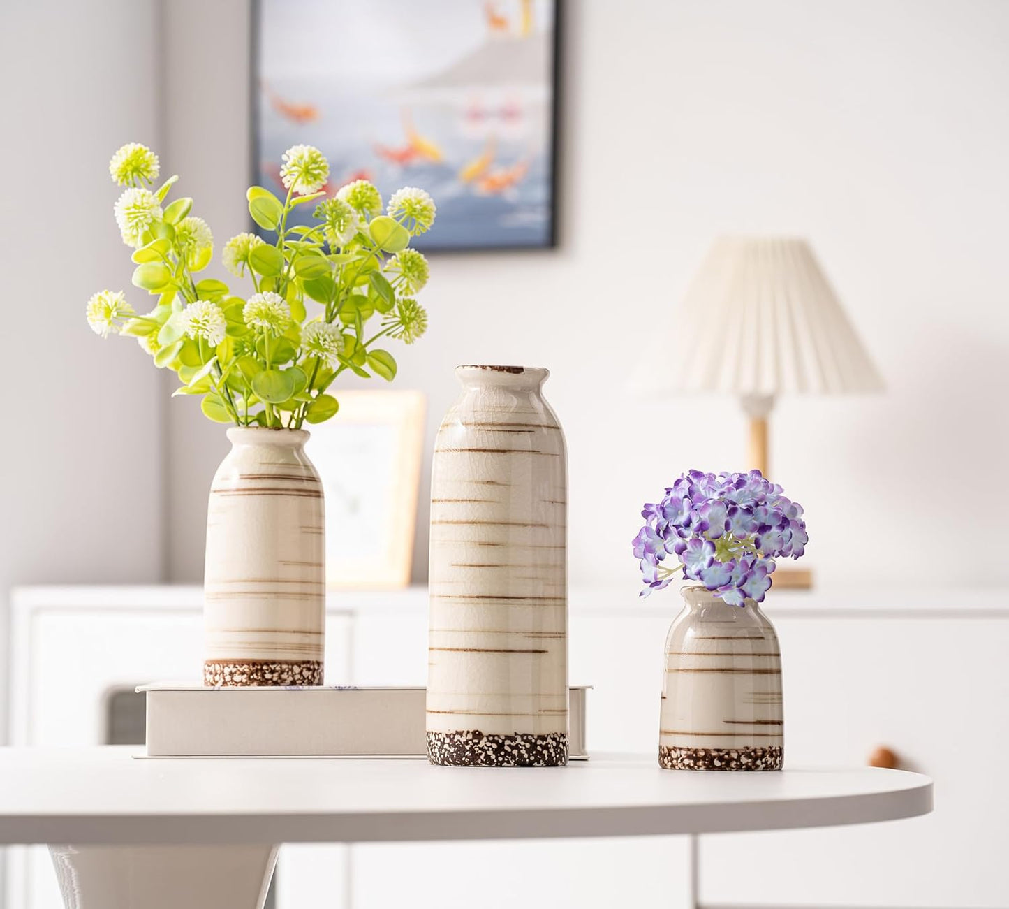 Ceramic Small Flower Vase Set of 3, Glossy Glazed Surface 8.7" Tall Table Modern Farmhouse Decorative Vase for Christmas Home Decor Bookshelf Living Room Bedroom Beige