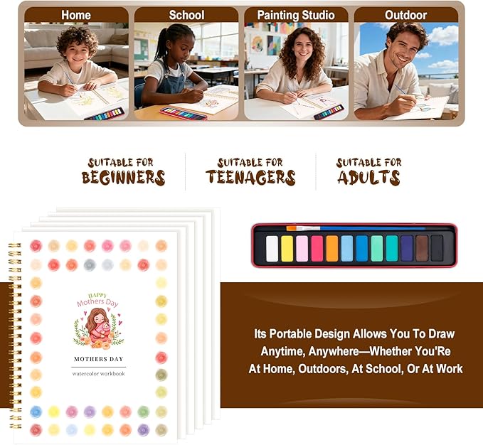 Kivzex Mother's Day Watercolor Workbook for Adults, Beginner Friendly Watercolor Painting Kit Water Coloring Book, Nature-Themed Practice Art Gift Water Color Paint Book with Palette and Brush