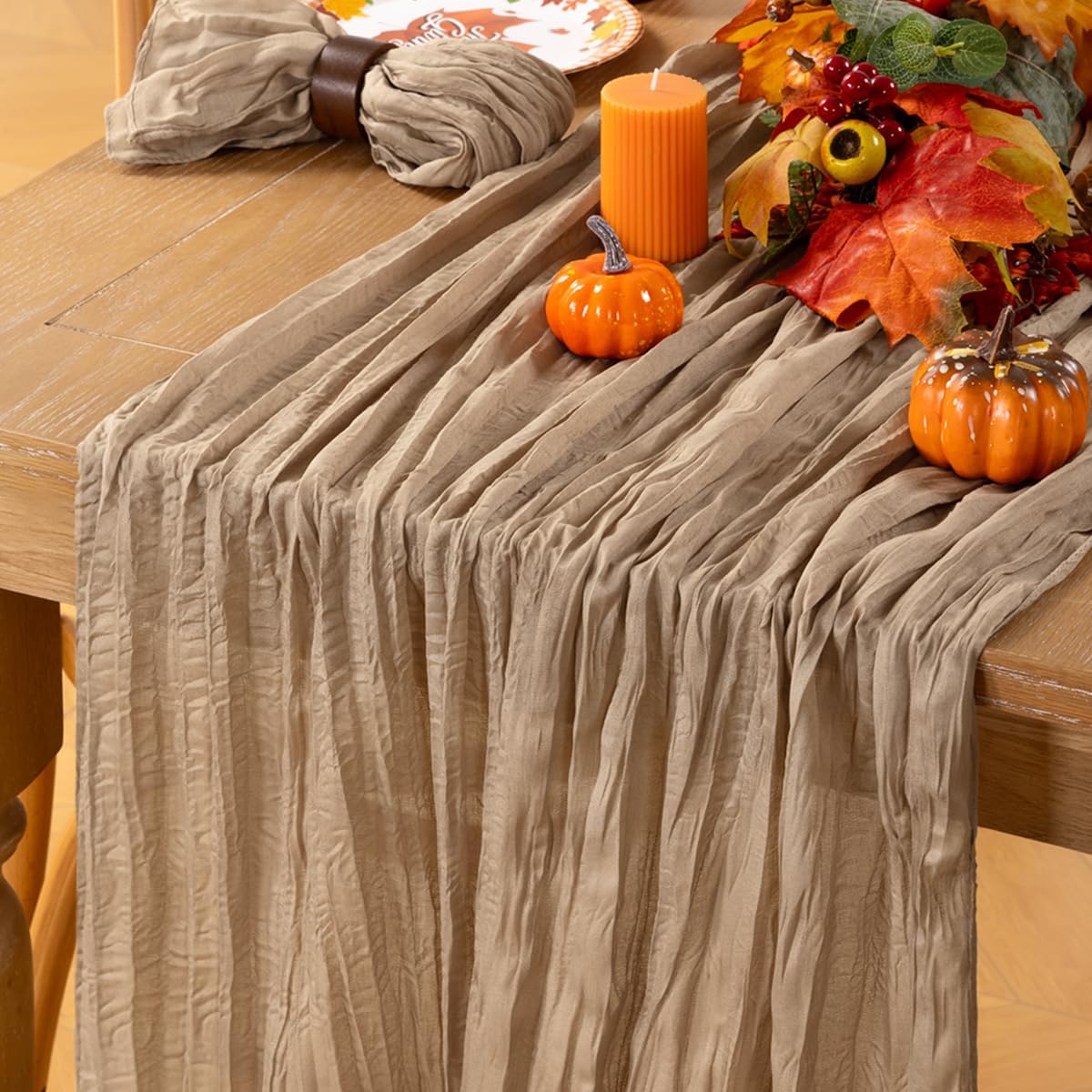 MLMC Nude Cheesecloth Table Runner 10ft Boho Gauze Taupe Cheese Cloth Table Runner Rustic Neutral Fall Centerpiece Decor 35x120 Inches for Wedding Farmhouse Reception Home Decor